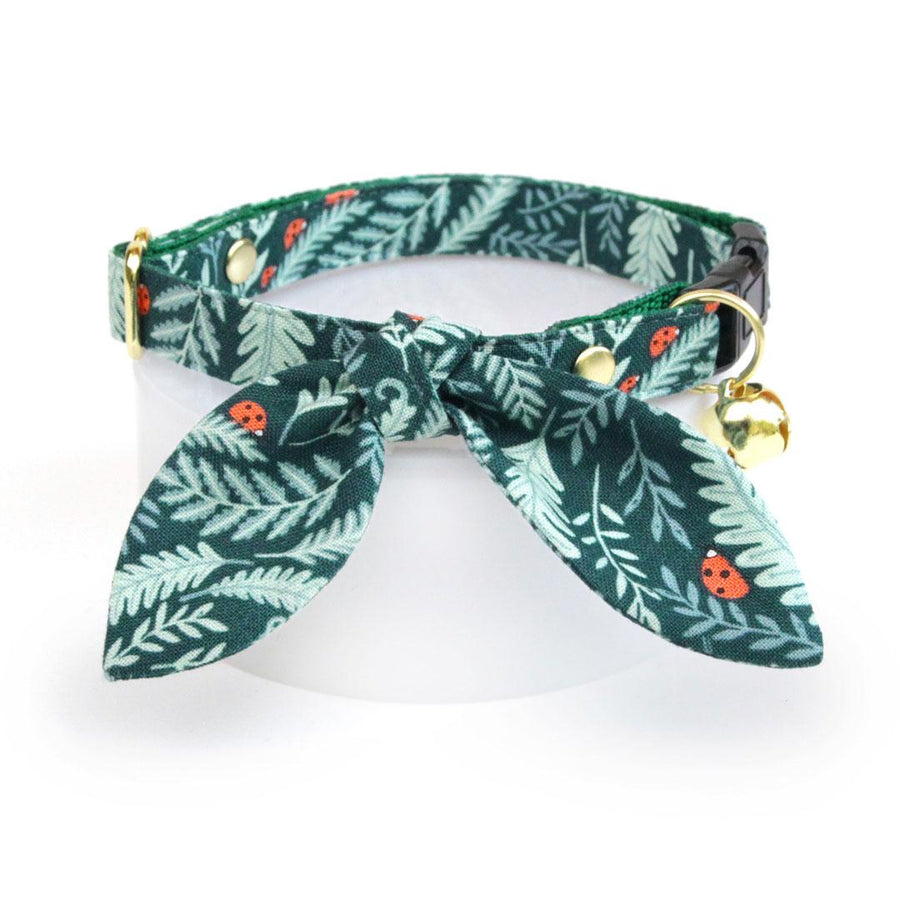 Cat Collar & Bunny Ear Bow Set - "Eden" - Botanical Dark Green Cat Collar w/ Matching Bunny Bow Tie / Garden, Forest, Holiday / Cat, Kitten + Small Dog Sizes