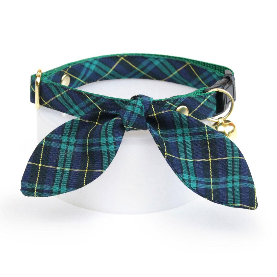 Cat Collar & Bunny Ear Bow Set - "Hunter" - Dark Green Tartan Plaid Cat Collar w/ Matching Bunny Bow Tie / Fall, Winter / Cat, Kitten + Small Dog Sizes