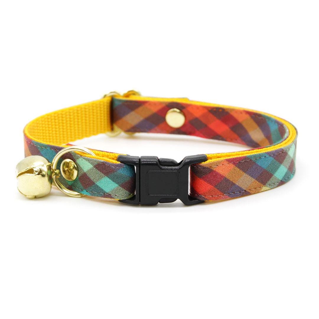 Cat Collar & Bunny Ear Bow Set - "Campfire" - Fall Plaid Cat Collar w/ Matching Bunny Bow Tie / Autumn Rainbow / Cat, Kitten + Small Dog Sizes