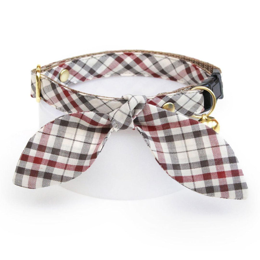 Cat Collar & Bunny Ear Bow Set - "Newberry" - Tan Plaid Cat Collar w/ Matching Bunny Bow Tie / Cat, Kitten + Small Dog Sizes