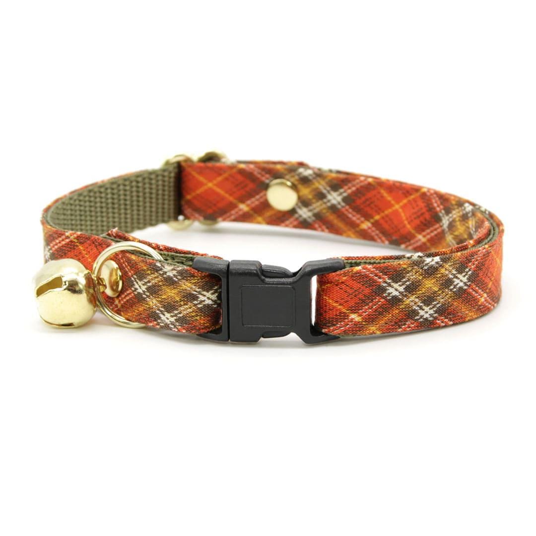 Cat Collar & Bunny Ear Bow Set - "Pecan Praline" - Autumn Orange Plaid Cat Collar w/ Matching Bunny Bow Tie / Fall + Thanksgiving / Cat, Kitten + Small Dog Sizes