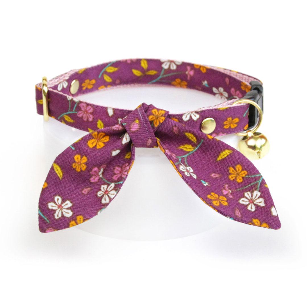 Cat Collar & Bunny Ear Bow Set - "Spiced Plum" - Wine Purple Floral Cat Collar w/ Matching Bunny Bow Tie / Fall + Thanksgiving / Cat, Kitten + Small Dog Sizes
