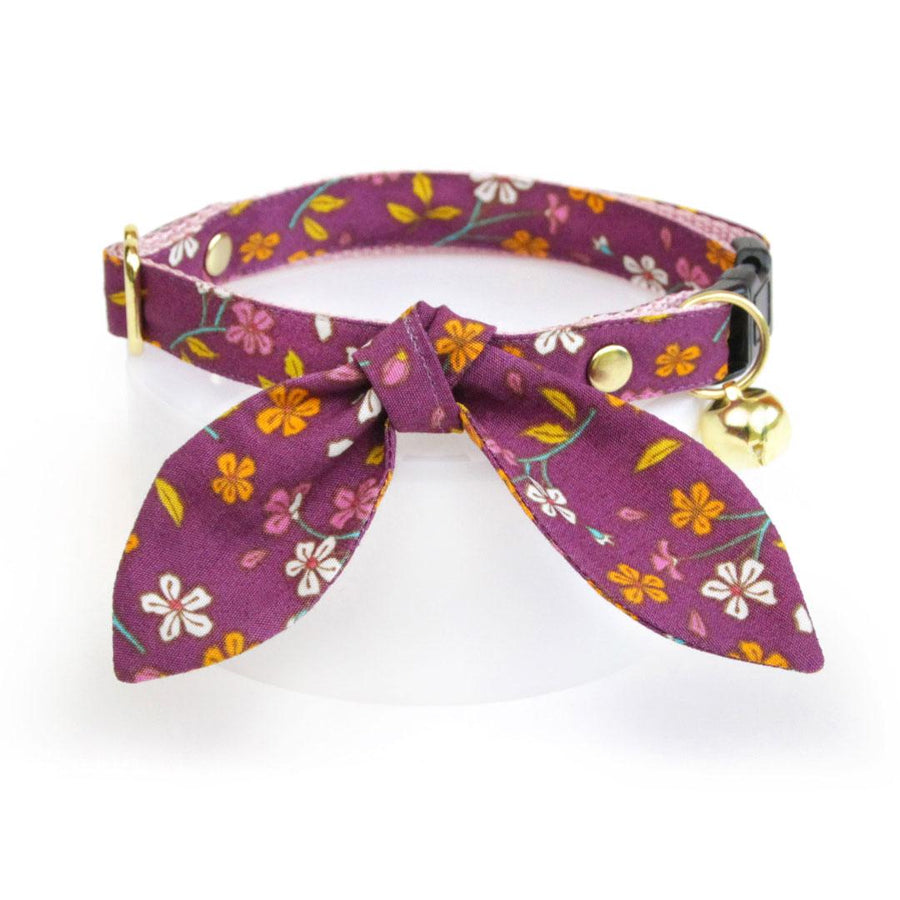 Cat Collar & Bunny Ear Bow Set - "Spiced Plum" - Wine Purple Floral Cat Collar w/ Matching Bunny Bow Tie / Fall + Thanksgiving / Cat, Kitten + Small Dog Sizes