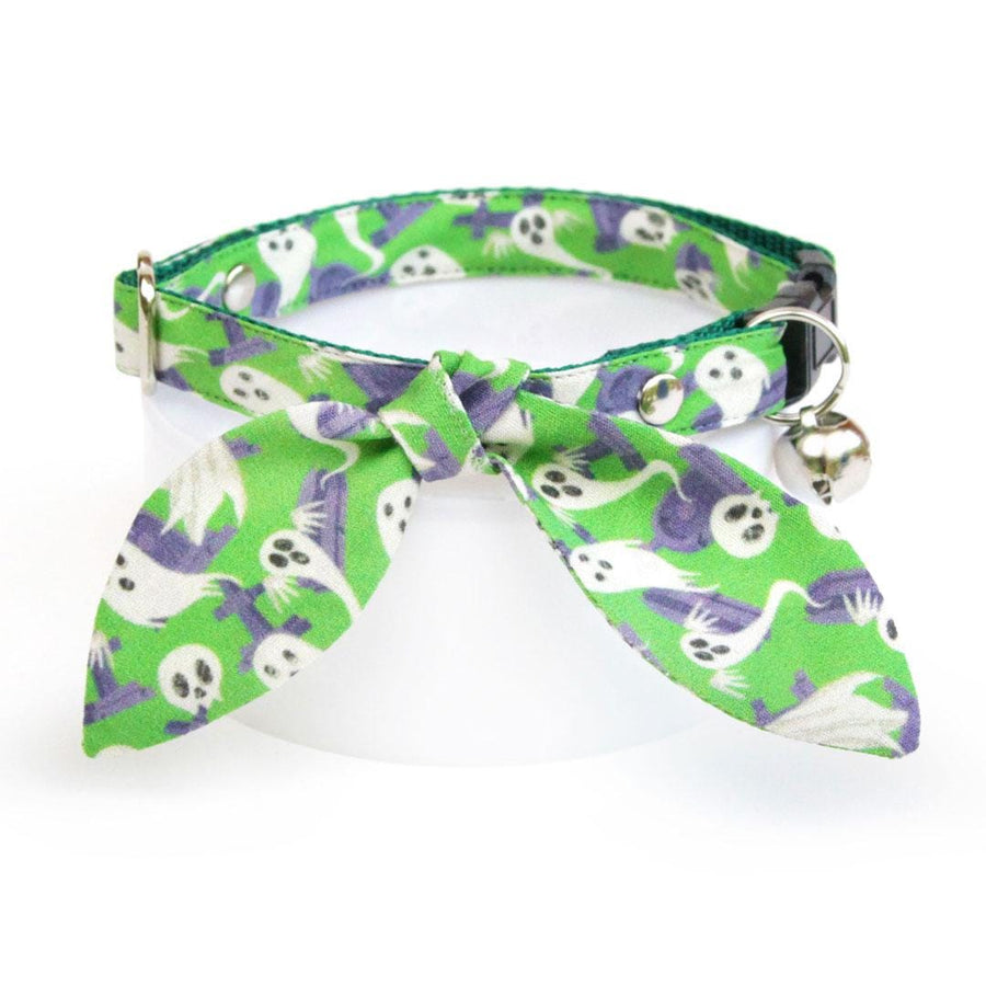 Cat Collar & Bunny Ear Bow Set - "Ghostly Gathering" - Halloween Green Ghost Cat Collar w/ Matching Bunny Bow Tie / Cat, Kitten + Small Dog Sizes