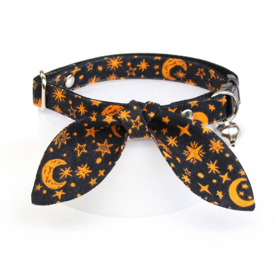 Cat Collar & Bunny Ear Bow Set - "Moonlight - Black" - Celestial Moon & Star Cat Collar w/ Matching Bunny Bow Tie / Halloween / Cat, Kitten + Small Dog Sizes