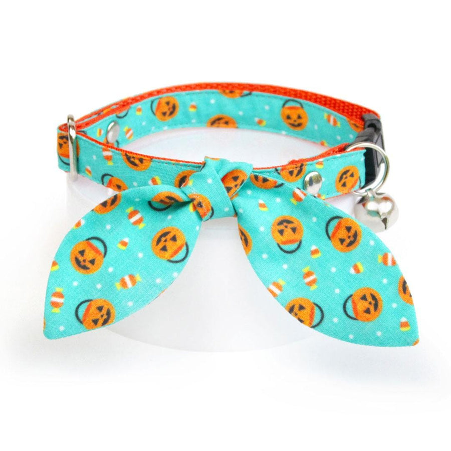 Cat Collar & Bunny Ear Bow Set - "Party Pumpkins" - Halloween Jack-o-lantern Pumpkin Cat Collar w/ Matching Bunny Bow Tie / Cat, Kitten + Small Dog Sizes