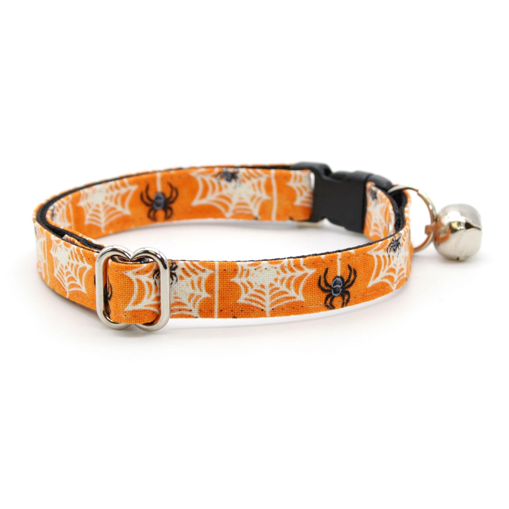 Cat Collar & Bunny Ear Bow Set - "Spooky Spiderwebs" - Halloween Orange Spider Web Cat Collar w/ Matching Bunny Bow Tie / Cat, Kitten + Small Dog Sizes