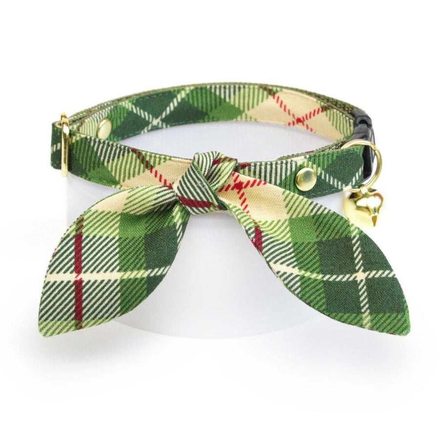 Cat Collar & Bunny Ear Bow Set - "Linden" - Tartan Plaid Green Cat Collar w/ Matching Bunny Bow Tie / Fall, Winter, Holiday / Cat, Kitten + Small Dog Sizes