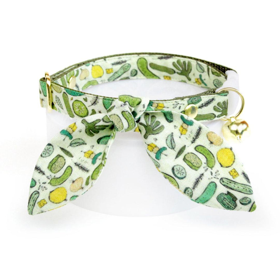Cat Collar & Bunny Ear Bow Set - "Kind of a Big Dill" - Green Pickle Cat Collar w/ Matching Bunny Bow Tie / Cucumber, Food / Cat, Kitten + Small Dog Sizes