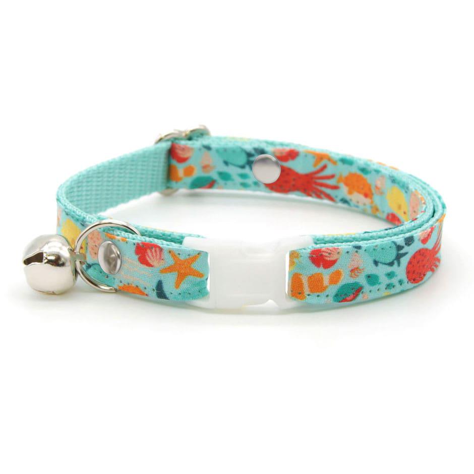 Cat Collar & Bunny Ear Bow Set - "Ocean Life" - Blue Aquatic Ocean Cat Collar w/ Matching Bunny Bow Tie / Fish, Sea, Beach, Summer / Cat, Kitten + Small Dog Sizes