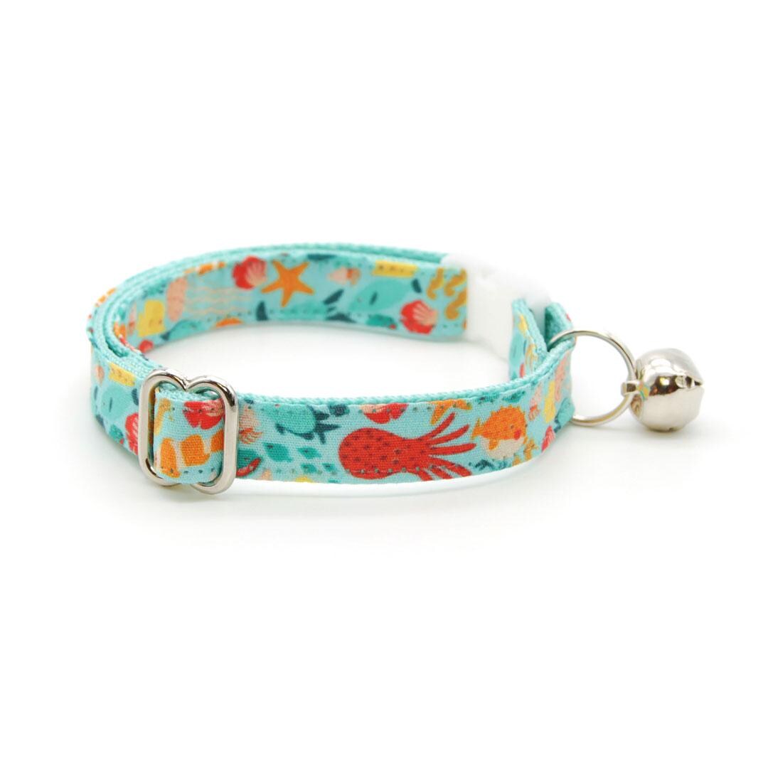 Cat Collar & Bunny Ear Bow Set - "Ocean Life" - Blue Aquatic Ocean Cat Collar w/ Matching Bunny Bow Tie / Fish, Sea, Beach, Summer / Cat, Kitten + Small Dog Sizes