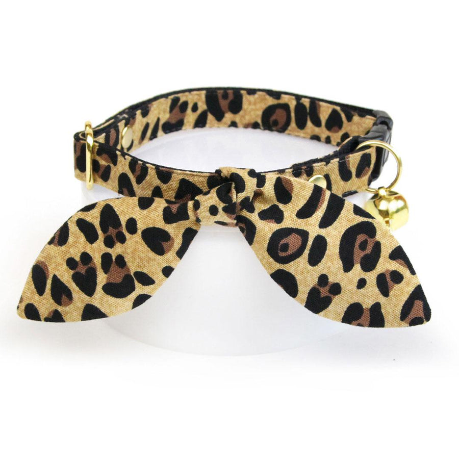 Cat Collar & Bunny Ear Bow Set - "Safari" - Tan Leopard Animal Print Cat Collar w/ Matching Bunny Bow Tie / Cat, Kitten + Small Dog Sizes