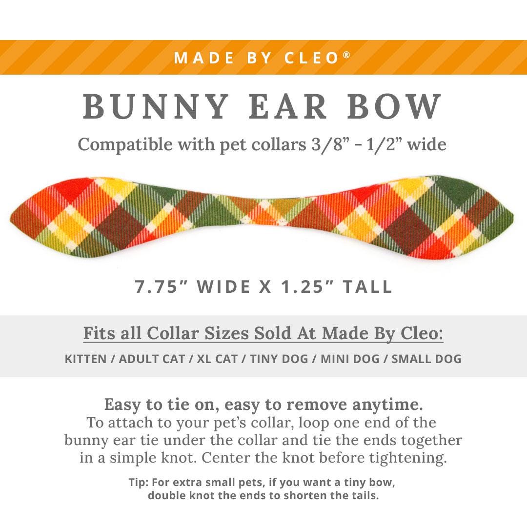 Cat Collar & Bunny Ear Bow Set - "Apple Crisp" - Red Yellow & Green Plaid Cat Collar w/ Matching Bunny Bow Tie / Fall + Thanksgiving / Cat, Kitten + Small Dog Sizes
