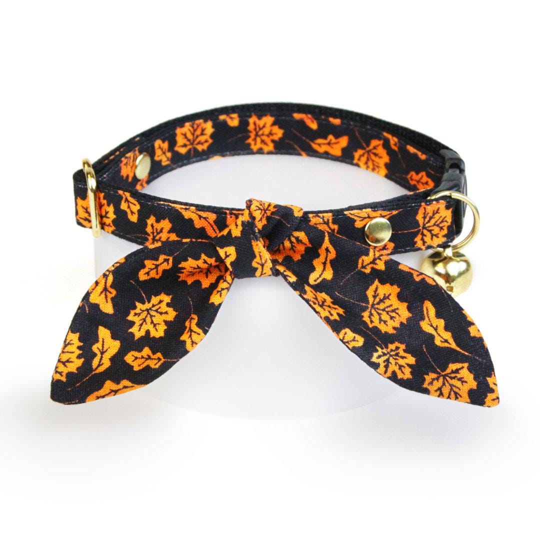 Cat Collar & Bunny Ear Bow Set - "Autumn Night" - Black Orange Leaves Fall Cat Collar w/ Matching Bunny Bow Tie / Halloween, Thanksgiving / Cat, Kitten + Small Dog Sizes