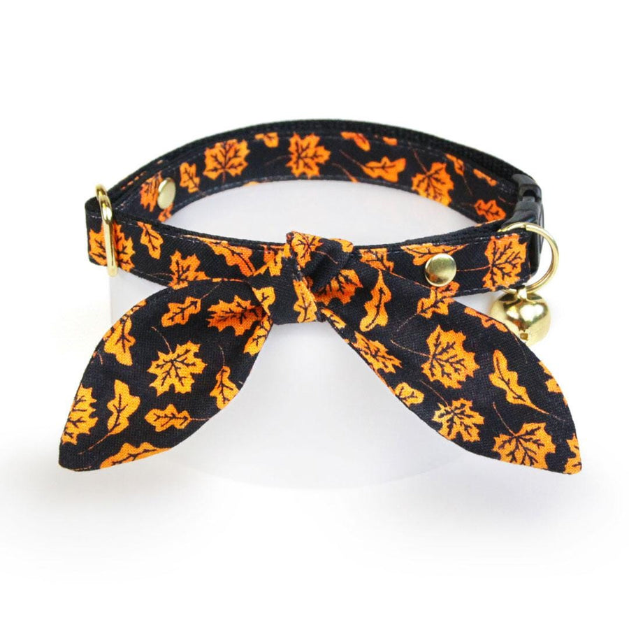 Cat Collar & Bunny Ear Bow Set - "Autumn Night" - Black Orange Leaves Fall Cat Collar w/ Matching Bunny Bow Tie / Halloween, Thanksgiving / Cat, Kitten + Small Dog Sizes