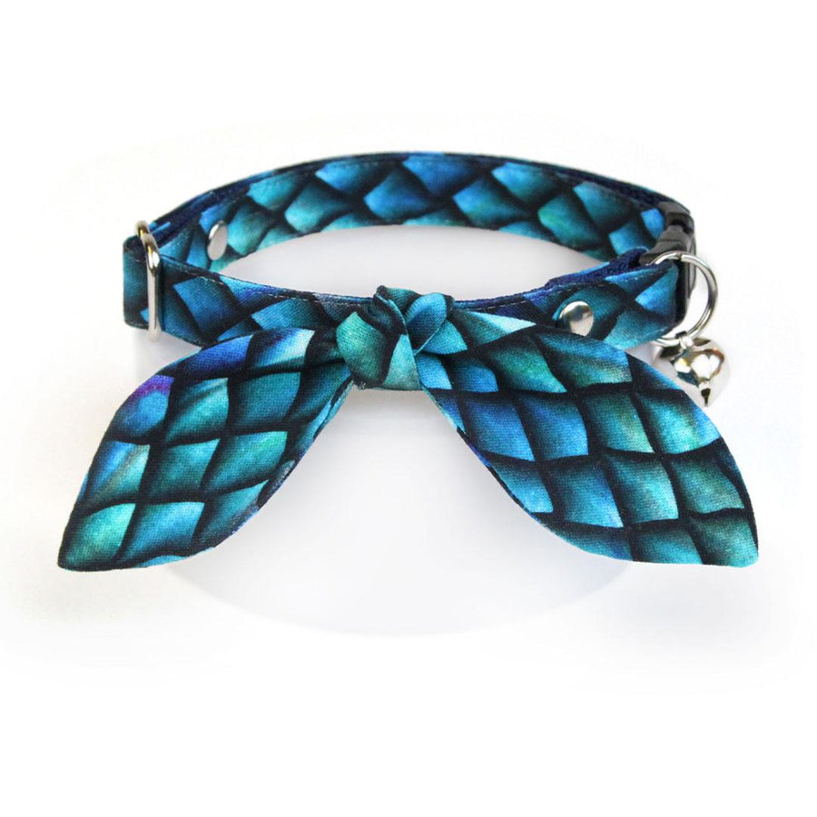 Cat Collar & Bunny Ear Bow Set - "Dragon Scales - Blue" - Fantasy Dragon Cat Collar w/ Matching Bunny Bow Tie / Game of Thrones / Cat, Kitten + Small Dog Sizes