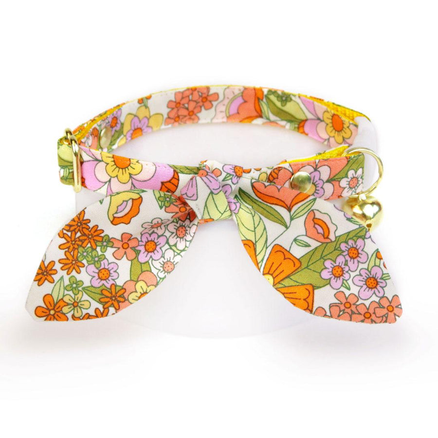 Cat Collar & Bunny Ear Bow Set - "Groovy Garden" - Yellow Retro Floral Cat Collar w/ Matching Bunny Bow Tie / Fall, Spring, Summer / Cat, Kitten + Small Dog Sizes