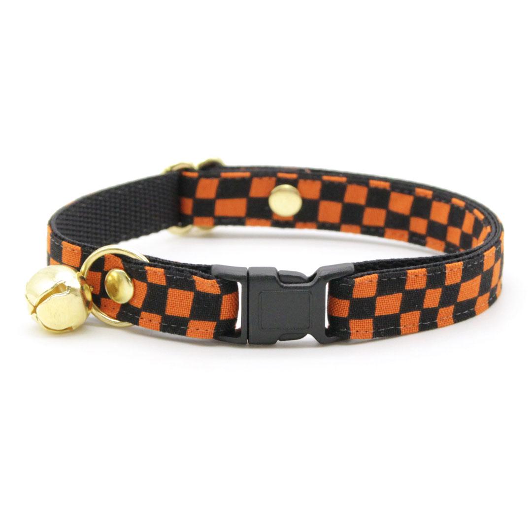 Cat Collar & Bunny Ear Bow Set - "Punk Rock Halloween" - Black Orange Checkered Cat Collar w/ Matching Bunny Bow Tie / Cat, Kitten + Small Dog Sizes