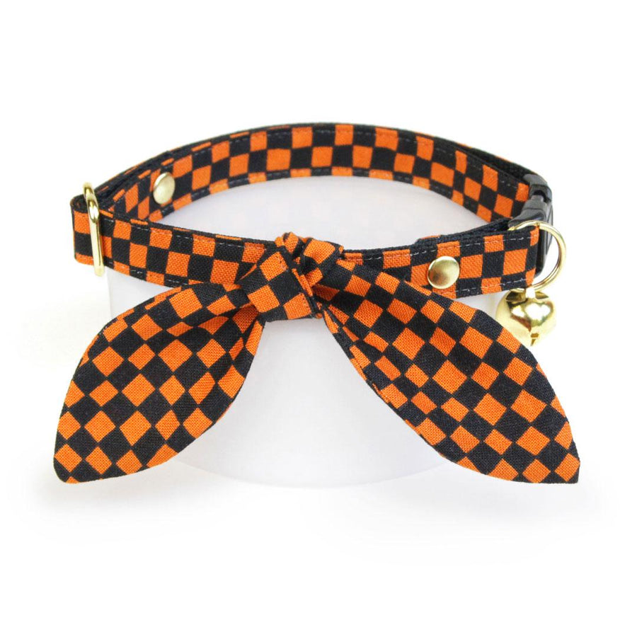 Cat Collar & Bunny Ear Bow Set - "Punk Rock Halloween" - Black Orange Checkered Cat Collar w/ Matching Bunny Bow Tie / Cat, Kitten + Small Dog Sizes