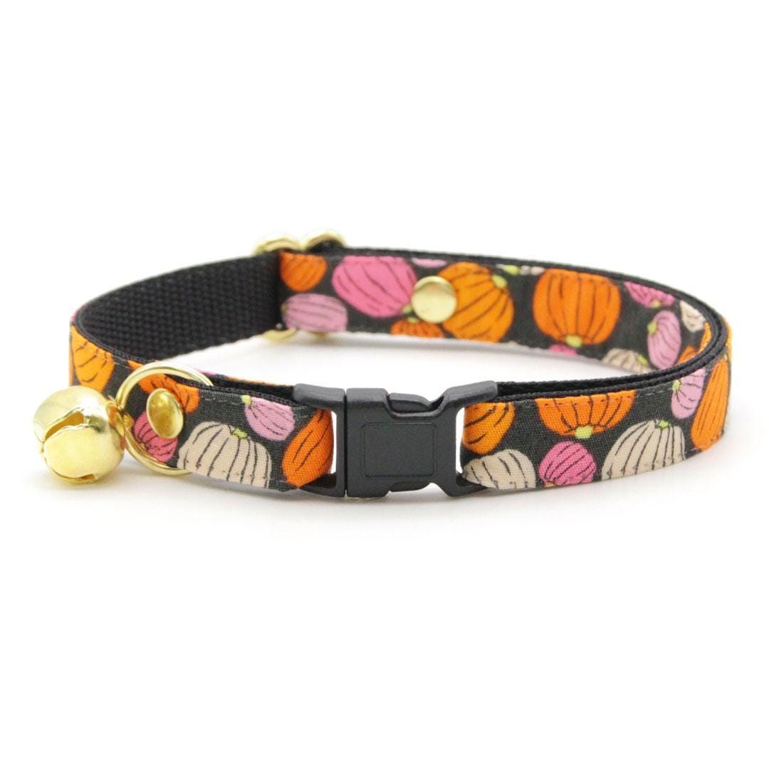 Cat Collar & Bunny Ear Bow Set - "Pumpkin Toss" - Orange Pink Pumpkin Cat Collar w/ Matching Bunny Bow Tie / Fall + Halloween / Cat, Kitten + Small Dog Sizes