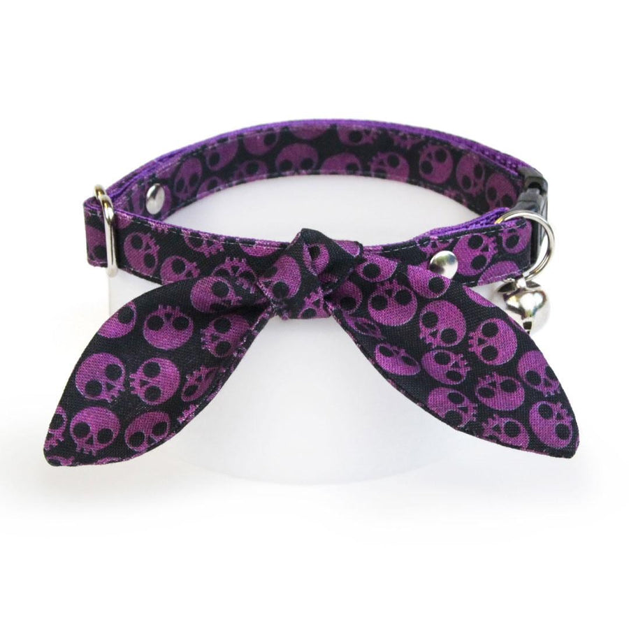 Cat Collar & Bunny Ear Bow Set - "Lydia" - Purple Skull Cat Collar w/ Matching Bunny Bow Tie / Halloween, Goth, Witchy / Cat, Kitten + Small Dog Sizes