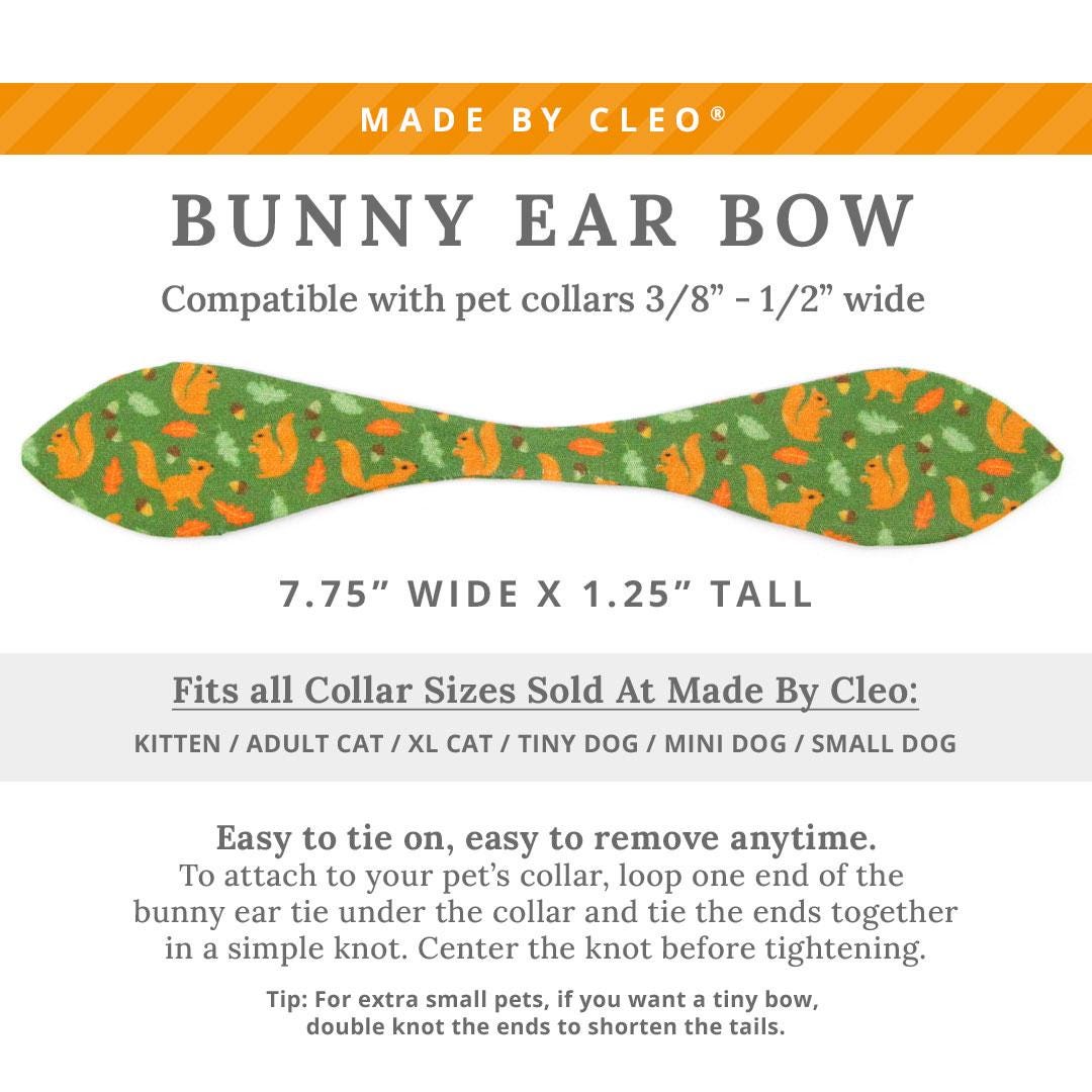Cat Collar & Bunny Ear Bow Set - "Squirrel Bounty" - Acorn Green Squirrel Cat Collar w/ Matching Bunny Bow Tie /  Nature Lover, Fall, Thanksgiving / Cat, Kitten + Small Dog Sizes