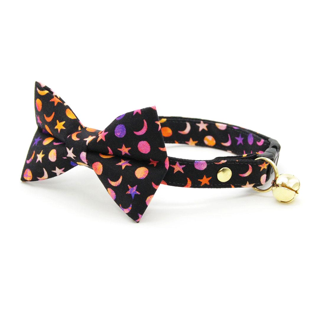 Bow Tie Cat Collar Set - "Cosmic" - Black Starry Celestial Moon Cat Collar with Bow Tie / Night Sky, Moon Phases, Space, Stars, Luna / Cat, Kitten, Small Dog Sizes
