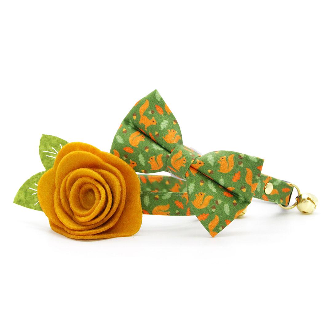 Fall Cat Collar + Flower Set - "Squirrel Bounty" - Acorn Green Squirrel Cat Collar w/ Mustard Felt Flower (Detachable) / Cat, Kitten + Small Dog Sizes