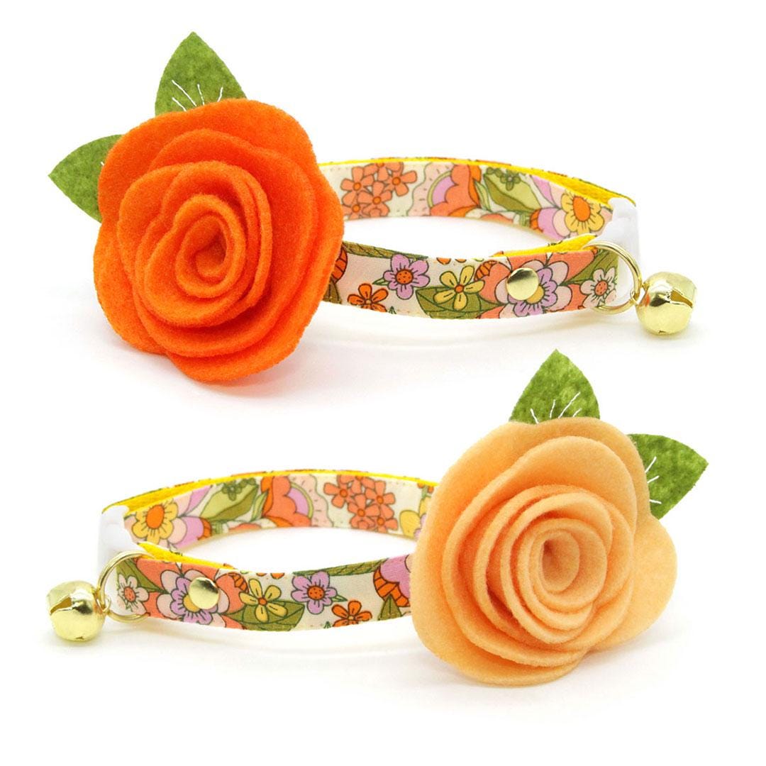 Cat Collar - "Groovy Garden" - Yellow 60s Retro Floral Cat Collar / Fall, Spring, Summer / Breakaway Buckle or Non-Breakaway / Cat, Kitten + Small Dog Sizes