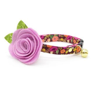 Cat Collar + Flower Set - "Harvest Wine" - Floral Cat Collar w/ Lavender Felt Flower (Detachable) / Cat, Kitten + Small Dog Sizes - Adult Cat (8-13) / Breakaway / Gold