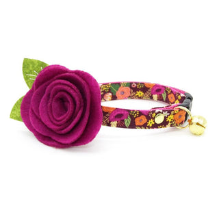 Fall Cat Collar + Flower Set - "Harvest Wine" - Burgundy Floral Cat Collar w/ Plum Felt Flower (Detachable) / Cat, Kitten + Small Dog Sizes - Adult Cat (8-13) / Breakaway / Gold