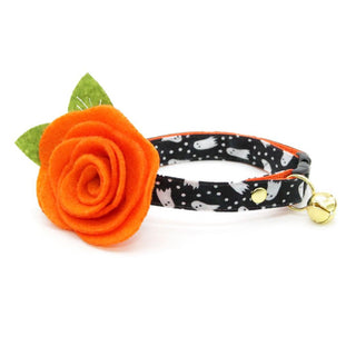 Halloween Cat Collar + Flower Set - "Chasing Ghosts" - Black Ghost Cat Collar w/ Orange Felt Flower (Detachable) / Cat, Kitten + Small Dog Sizes - Adult Cat (8-13) / Breakaway / Gold