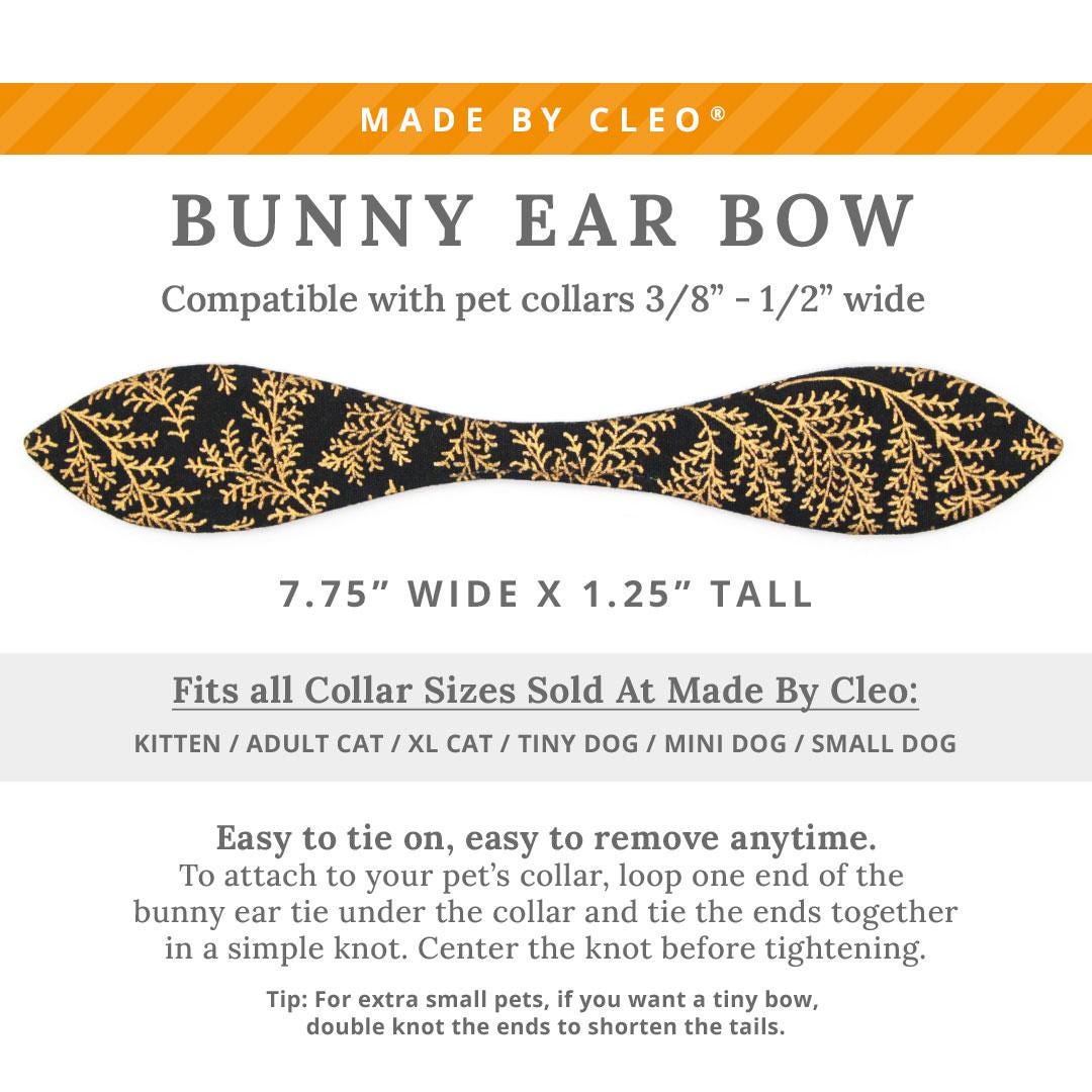 Cat Collar & Bunny Ear Bow Set - "Black Forest" - Gold Pine Branches on Black Cat Collar w/ Matching Bunny Bow Tie / Fall, Winter, Holiday, New Year / Cat, Kitten + Small Dog Sizes