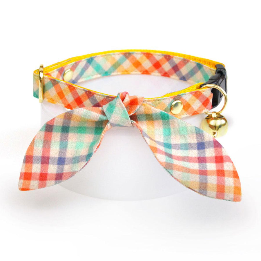 Cat Collar & Bunny Ear Bow Set - "Golden Hour" - Rainbow Plaid Cat Collar w/ Matching Bunny Bow Tie / Spring, Easter / Cat, Kitten + Small Dog Sizes