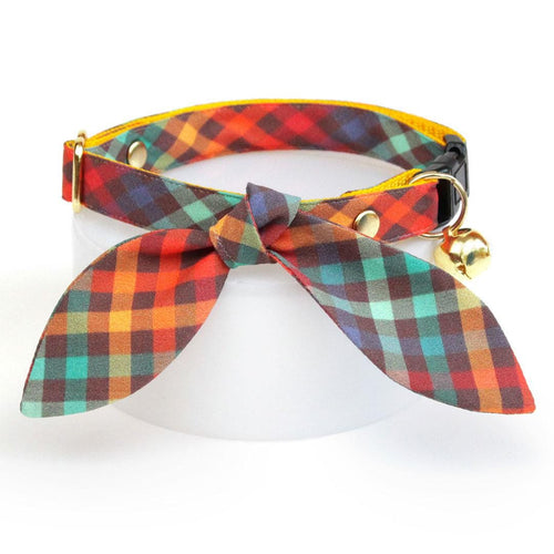 Cat Collar & Bunny Ear Bow Set - "Campfire" - Fall Plaid Cat Collar w/ Matching Bunny Bow Tie / Autumn Rainbow / Cat, Kitten + Small Dog Sizes