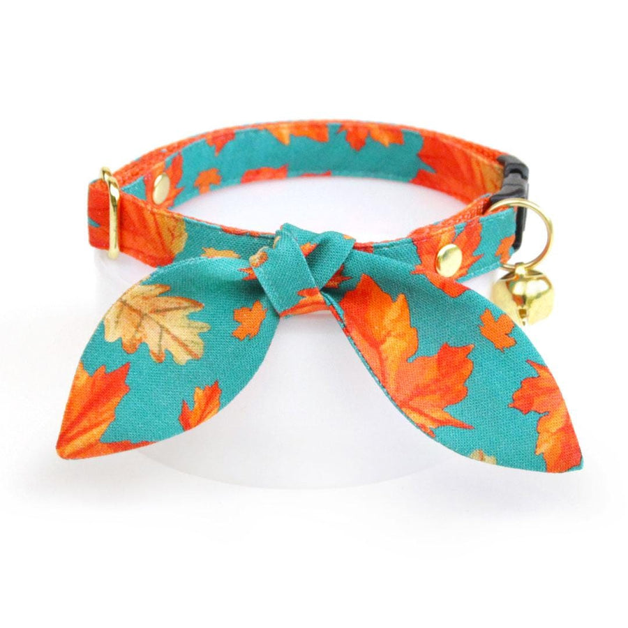 Cat Collar & Bunny Ear Bow Set - "Maple Hill" - Teal Maple Leaf Cat Collar w/ Matching Bunny Bow Tie / Autumn, Fall / Cat, Kitten + Small Dog Sizes