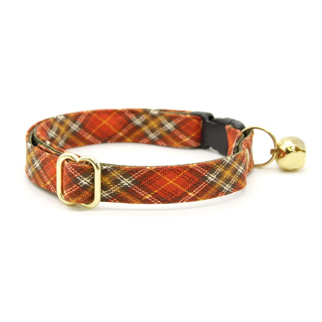 Cat Collar & Bunny Ear Bow Set - "Pecan Praline" - Autumn Orange Plaid Cat Collar w/ Matching Bunny Bow Tie / Fall + Thanksgiving / Cat, Kitten + Small Dog Sizes