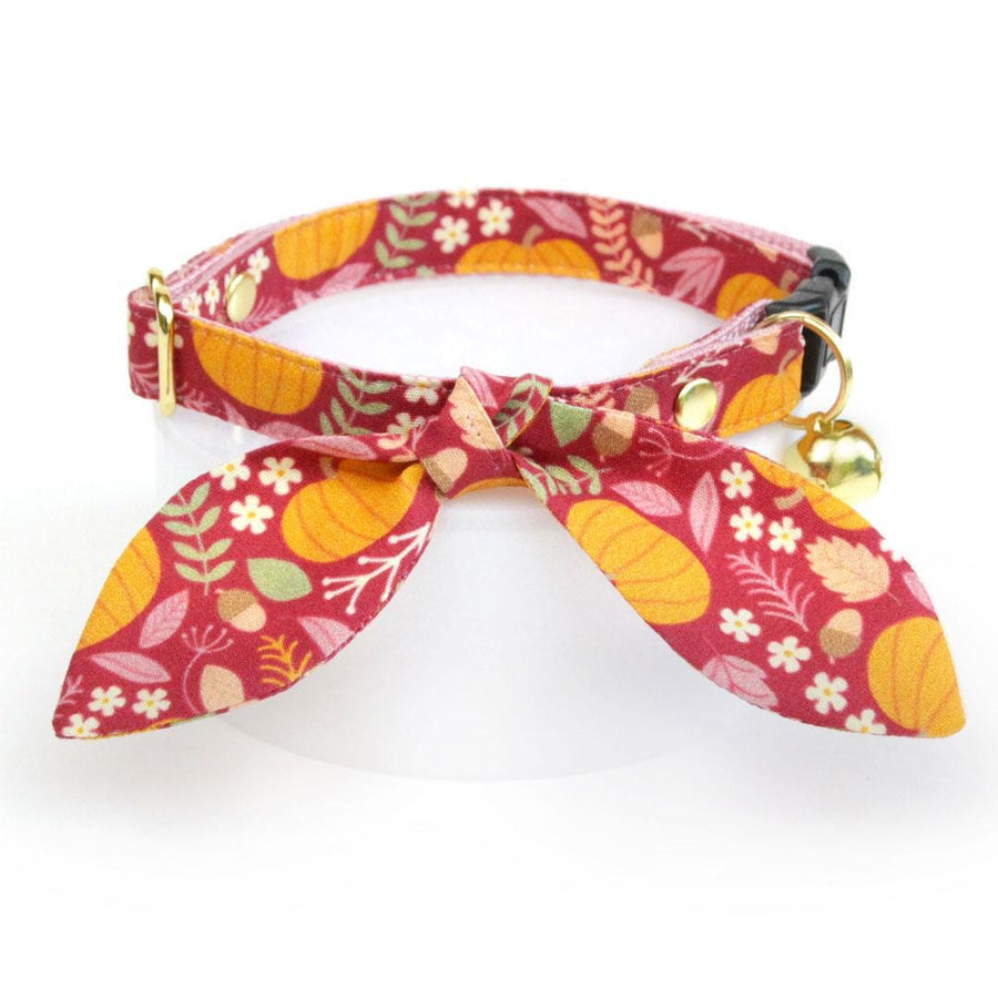 Cat Collar & Bunny Ear Bow Set - "Pumpkin Patch - Cranberry" - Burgundy Fall Pumpkin Cat Collar w/ Matching Bunny Bow Tie / Fall + Thanksgiving / Cat, Kitten + Small Dog Sizes