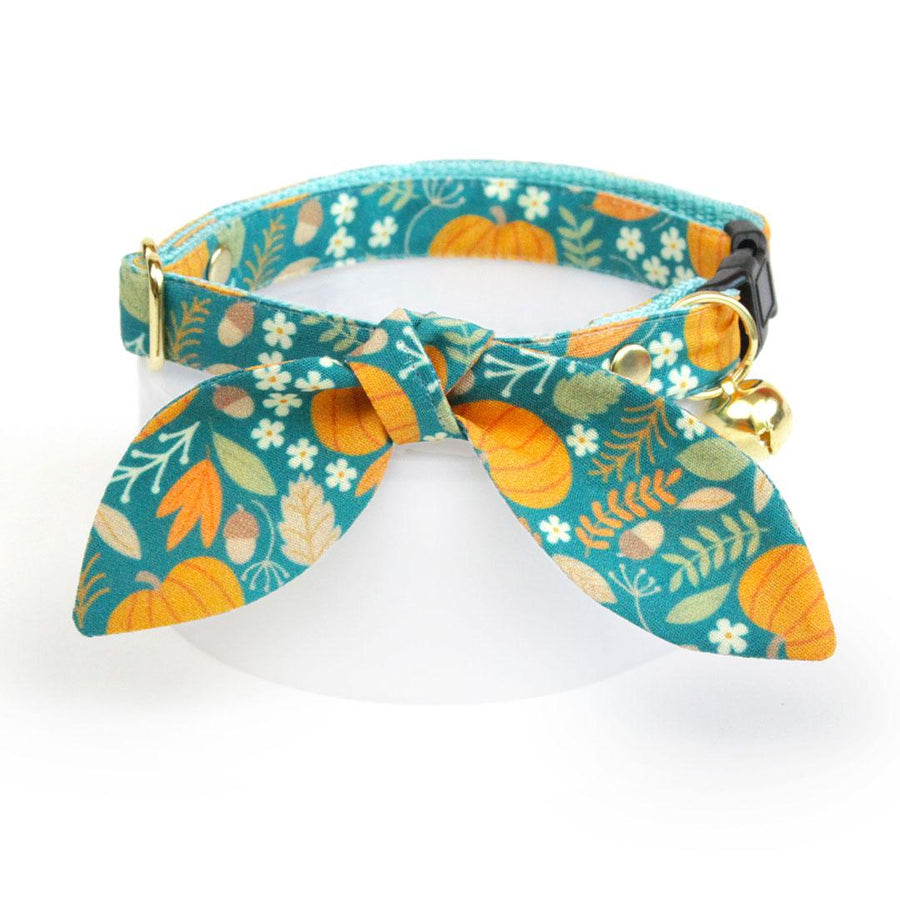 Cat Collar & Bunny Ear Bow Set - "Pumpkin Patch - Teal" - Fall Pumpkin Cat Collar w/ Matching Bunny Bow Tie / Thanksgiving / Cat, Kitten + Small Dog Sizes