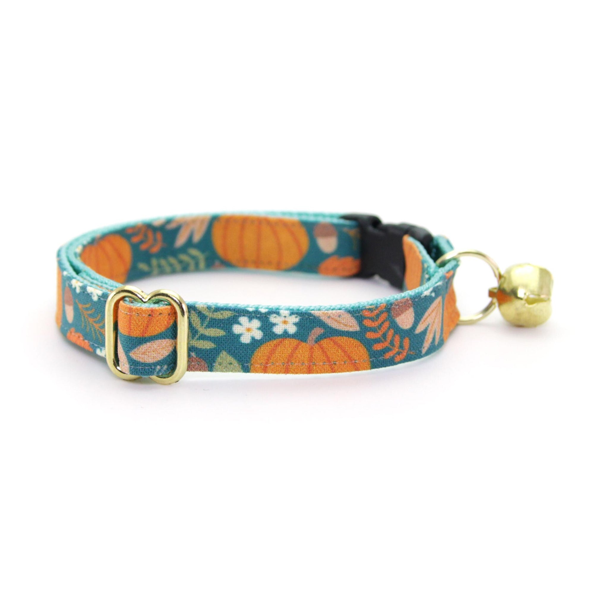 Cat Collar & Bunny Ear Bow Set - "Pumpkin Patch - Teal" - Fall Pumpkin Cat Collar w/ Matching Bunny Bow Tie / Thanksgiving / Cat, Kitten + Small Dog Sizes
