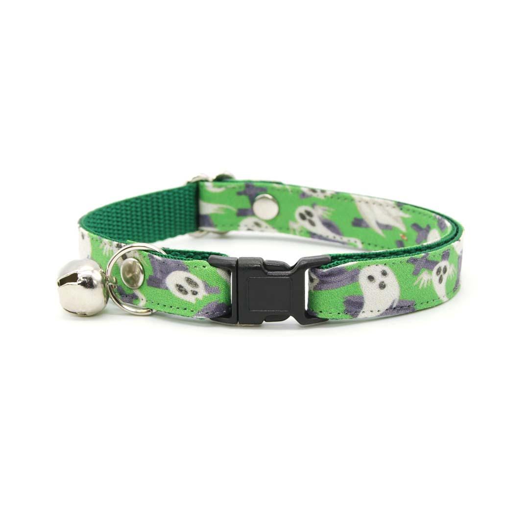 Cat Collar & Bunny Ear Bow Set - "Ghostly Gathering" - Halloween Green Ghost Cat Collar w/ Matching Bunny Bow Tie / Cat, Kitten + Small Dog Sizes