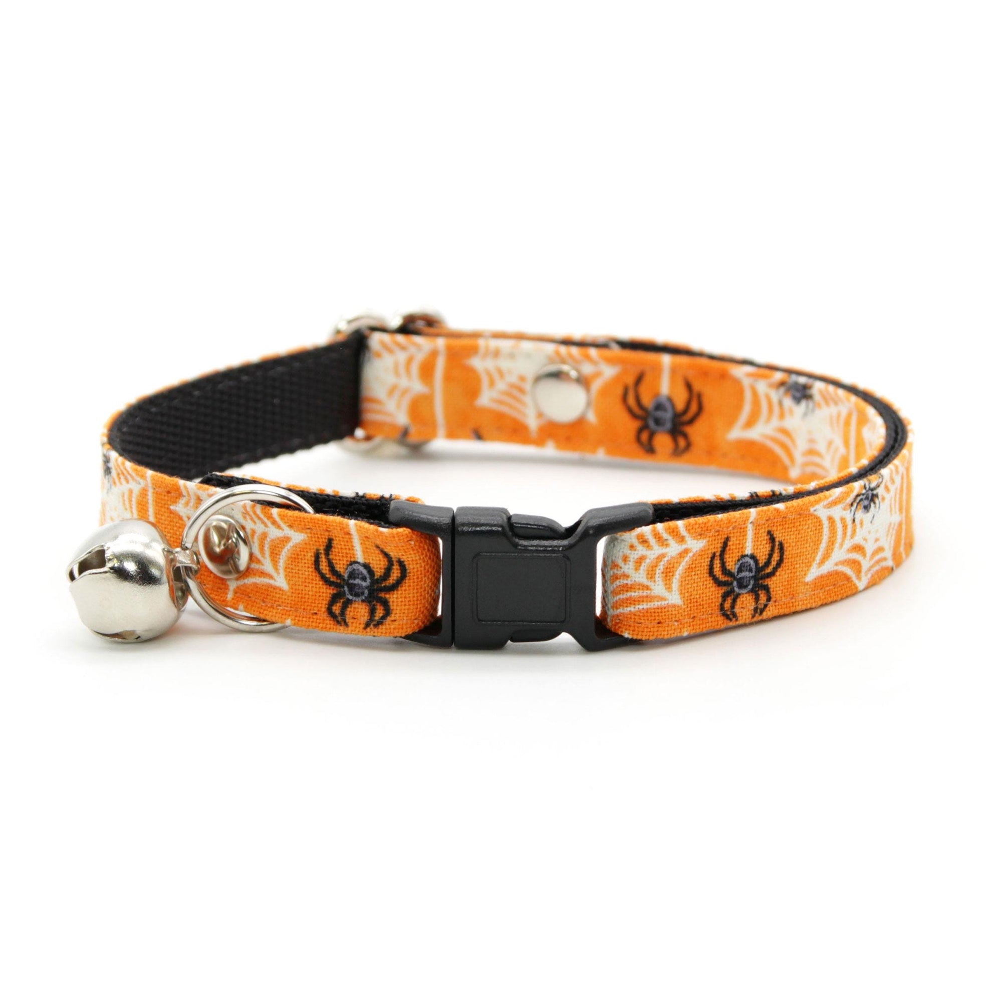 Cat Collar & Bunny Ear Bow Set - "Spooky Spiderwebs" - Halloween Orange Spider Web Cat Collar w/ Matching Bunny Bow Tie / Cat, Kitten + Small Dog Sizes