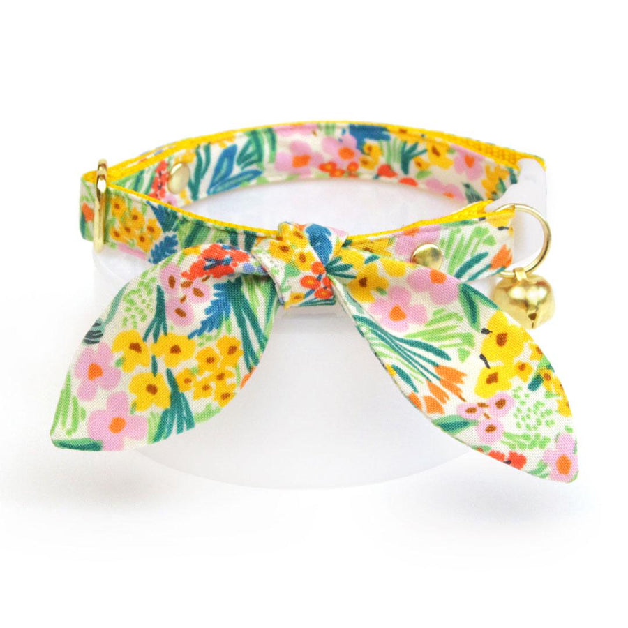 Cat Collar & Bunny Ear Bow Set - "Fantasia - Day" - Rifle Paper Co® Yellow Floral Cat Collar w/ Matching Bunny Bow Tie / Cat, Kitten + Small Dog Sizes