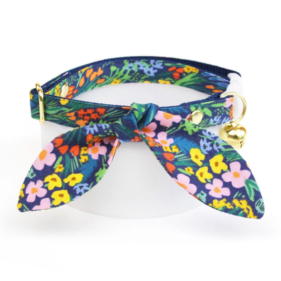 Cat Collar & Bunny Ear Bow Set - "Fantasia - Night" - Rifle Paper Co® Blue Floral Cat Collar w/ Matching Bunny Bow Tie / Cat, Kitten + Small Dog Sizes
