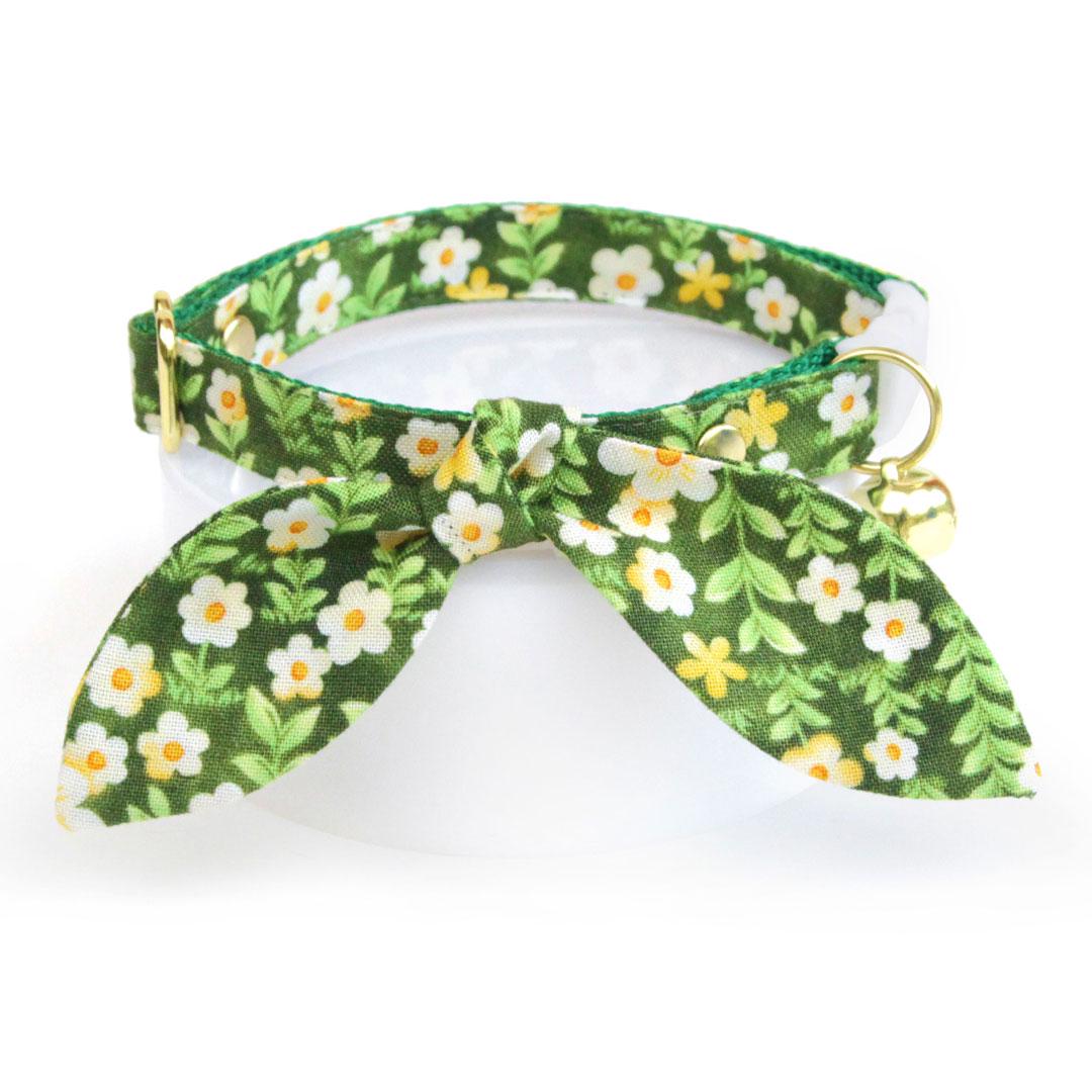 Cat Collar & Bunny Ear Bow Set - "Hazel" - Floral Green Cat Collar w/ Matching Bunny Bow Tie / Spring + Summer / Cat, Kitten + Small Dog Sizes