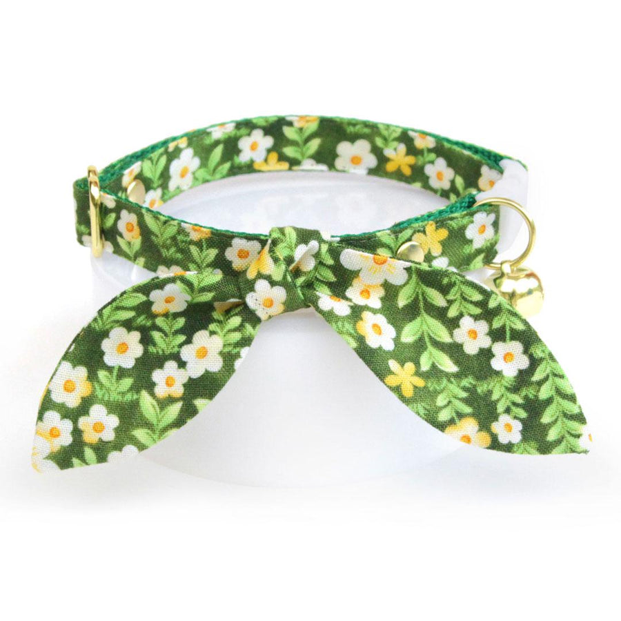 Cat Collar & Bunny Ear Bow Set - "Hazel" - Floral Green Cat Collar w/ Matching Bunny Bow Tie / Spring + Summer / Cat, Kitten + Small Dog Sizes