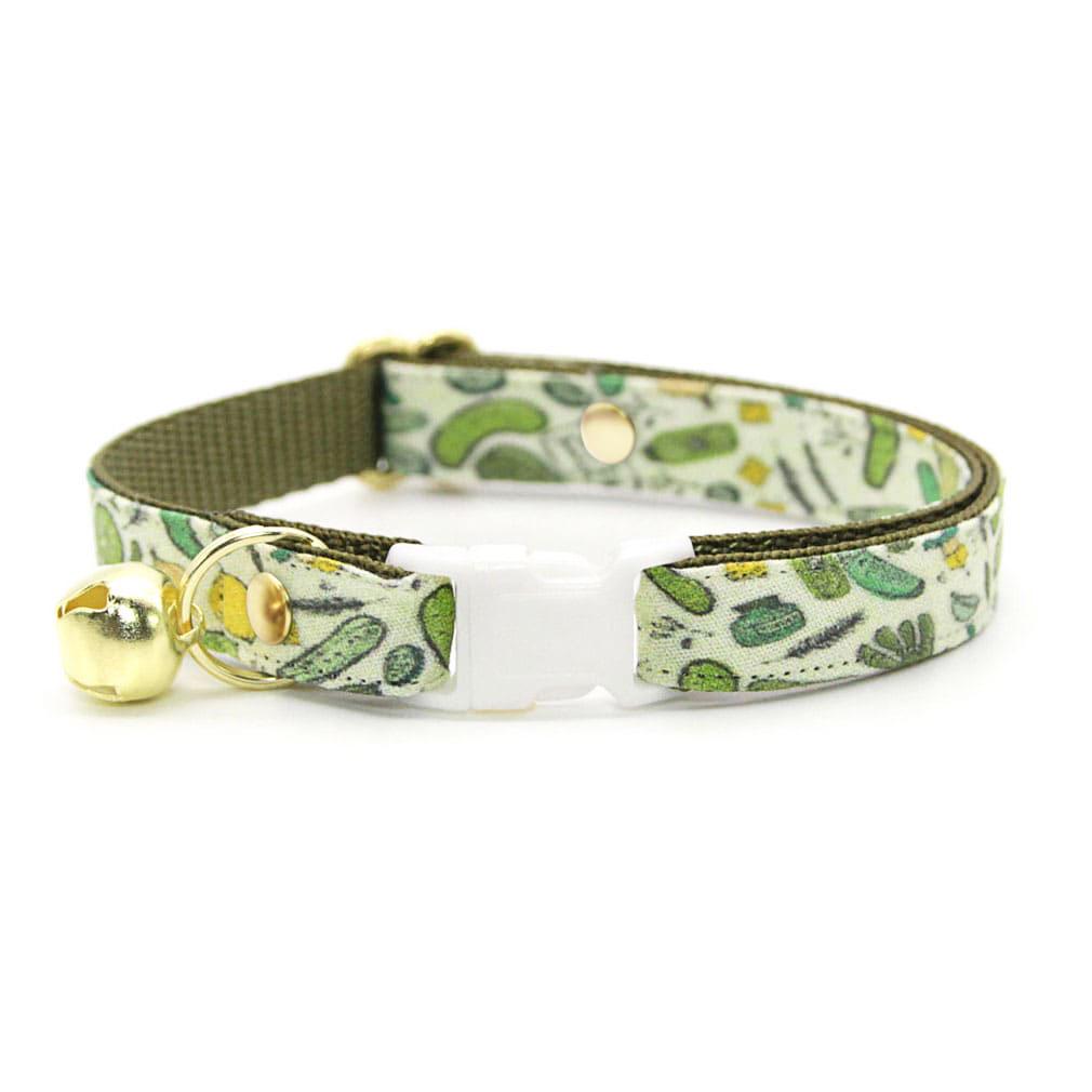 Cat Collar & Bunny Ear Bow Set - "Kind of a Big Dill" - Green Pickle Cat Collar w/ Matching Bunny Bow Tie / Cucumber, Food / Cat, Kitten + Small Dog Sizes