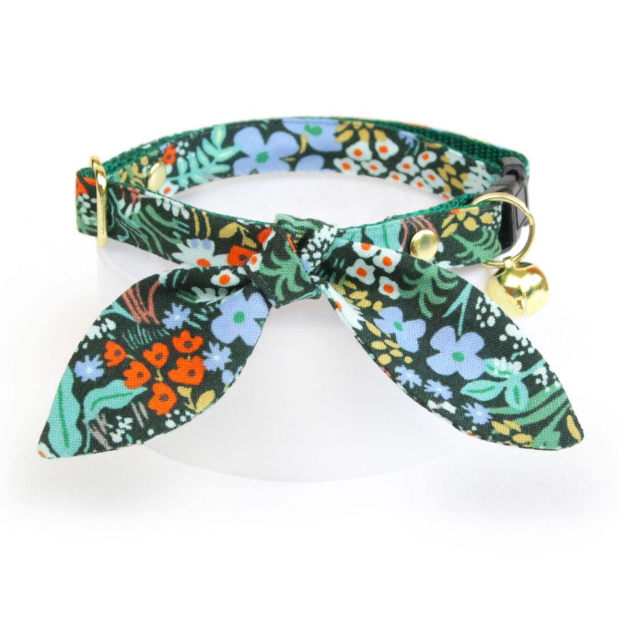 Cat Collar & Bunny Ear Bow Set - "Meadow" - Rifle Paper Co® Green Garden Floral Cat Collar w/ Matching Bunny Bow Tie / Cat, Kitten + Small Dog Sizes