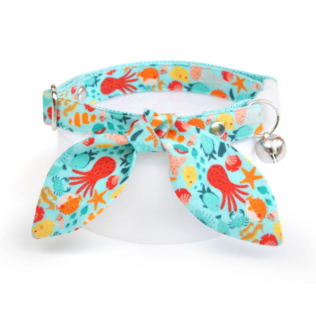 Cat Collar & Bunny Ear Bow Set - "Ocean Life" - Blue Aquatic Ocean Cat Collar w/ Matching Bunny Bow Tie / Fish, Sea, Beach, Summer / Cat, Kitten + Small Dog Sizes