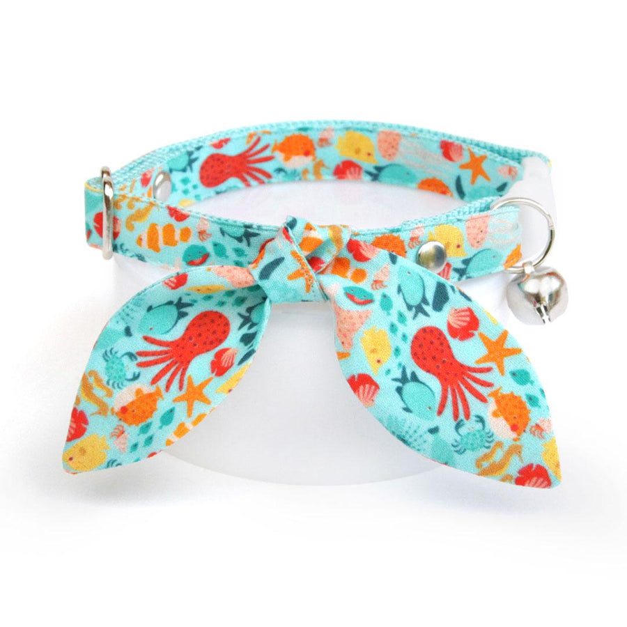 Cat Collar & Bunny Ear Bow Set - "Ocean Life" - Blue Aquatic Ocean Cat Collar w/ Matching Bunny Bow Tie / Fish, Sea, Beach, Summer / Cat, Kitten + Small Dog Sizes